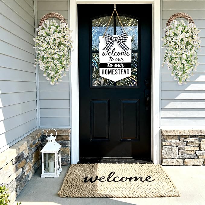Artificial Hanging Petunias Flowers for Outdoor, 2pcs Fake Plants Long Vine Morning Glory Eucalyptus, UV Resistant Realistic Faux Greenery Indoor Outside Patio Porch Garden Spring Summer Decor, White
