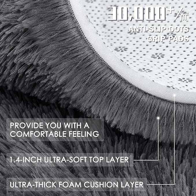 OLANLY Grey Round Rugs for Bedroom - Machine Washable, 4 ft Circle Area Rugs for Living Room, Soft and Fluffy Shaggy Carpet for Teen Girls and Boys, Nursery Rooms, Dorms, Home Decor Aesthetic