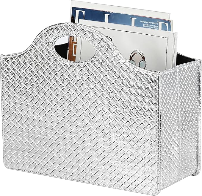 HofferRuffer Magazine Basket Holder, Foldable Magazine Rack, Document File Holder Organizer, File Folder, Newspaper Storage Bin Organizer for Home or Office (Silver)
