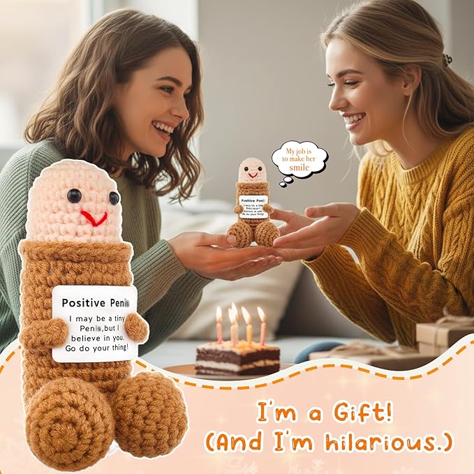 Funny Positive Crochet Animals Gag Doll Emotional Support Stuffed plushies for Adult Men Women,Weird Things Motivational White Elephant Christmas Gift (Brown Doll without Glasses)