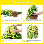 Artificial Flowers with Hanging Basket, Outdoor Faux Plants Silk Morning Glory Vines, Fake Green Arrangement for Garden Patio Spring Summer Decor(Yellow White)