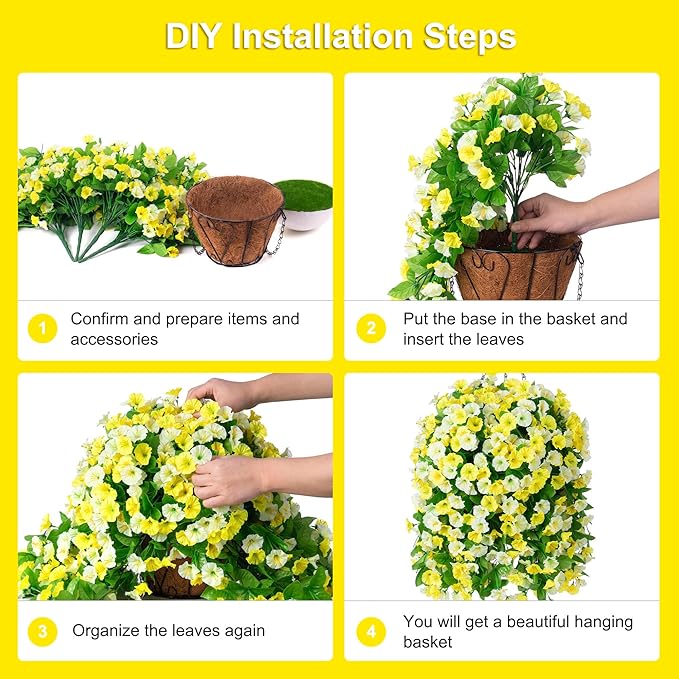 Artificial Flowers with Hanging Basket, Outdoor Faux Plants Silk Morning Glory Vines, Fake Green Arrangement for Garden Patio Spring Summer Decor(Yellow White)