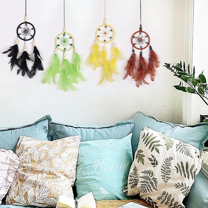 Pretty Jolly Small Evil Eye Dream Catchers Wall Decor Wood Beads Handmade Coffee Feathers Mini Dreamcatchers Home Decoration Ornament for Car Bedroom Birthday Party
