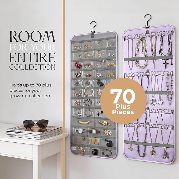 Hanging Jewelry Organizer Storage with Hanger Metal Hooks Double-Sided Jewelry Holder- Wall Mount Holder for Earrings, Necklaces, Rings on Closet, Wall, Door, 1 piece, Large, Pink