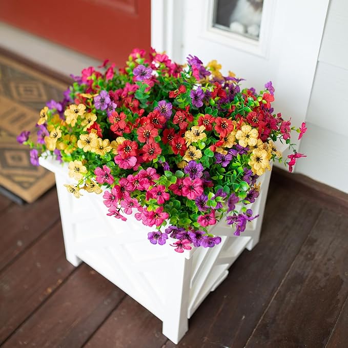 Artificial Flowers for Outdoors Daisy 12 Bundles for Home Decoration, Faux Flower Fake Plants Outside Decoration with Eucalyptus UV Resistant for Planter Porch Patio Yard Garden Colorful