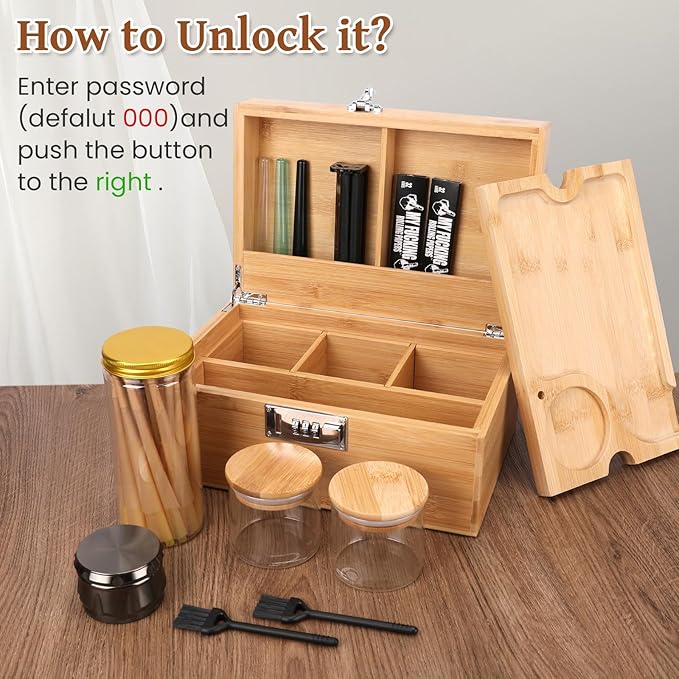 Large Bamboo Storage Box with Lock, Removable Tray, Glass Jars & Accessories, Elegant Wooden Household Organizer, Home Decor Gift Set