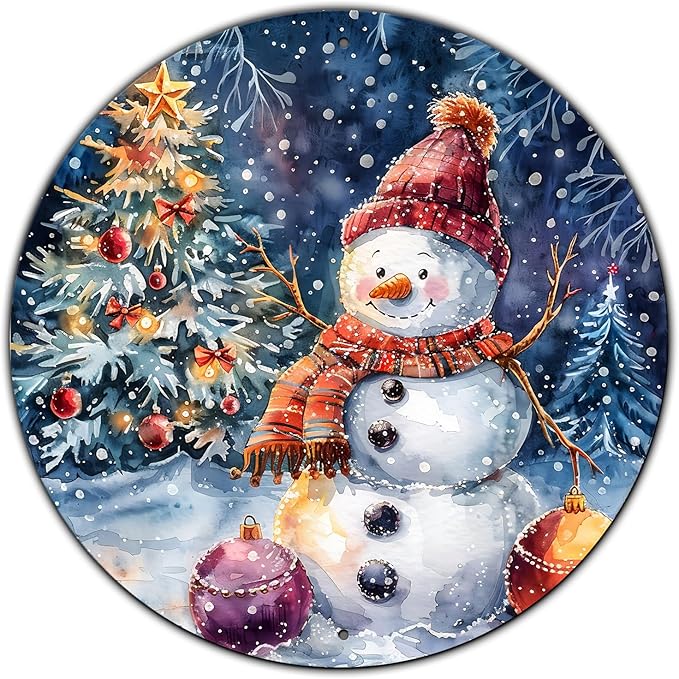 Snowman Metal Tin Sign Vintage Round Sign Aluminum Sign for Cafe Kitchen Porch Window Home Wall Decor 12 Inch