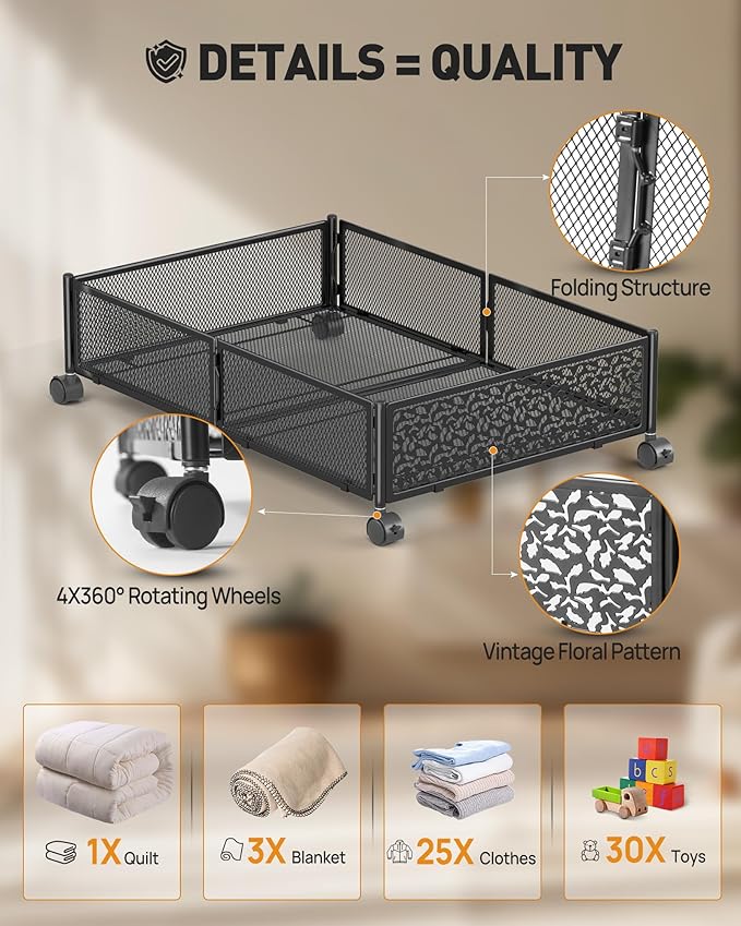 Under Bed Storage with Wheels, Foldable Pattern Carved Metal Under Bed Storage Containers, 60L Rolling Underbed Storage, Easy Assembly Under The Bed Storage for Shoes, Clothes, Blankets...