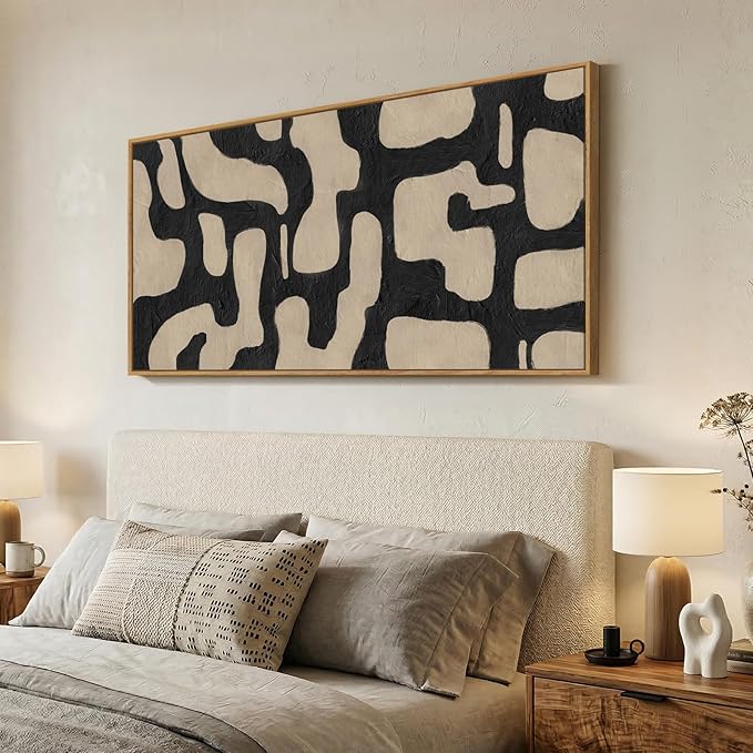 Large Framed Neutral Abstract Wall Art for Living Room, Horizontal Black Beige Canvas Prints Paintings Artwork for Walls, Modern Minimalist Pictures for Bedroom Dining Room Office Wall Decor 30x60 In