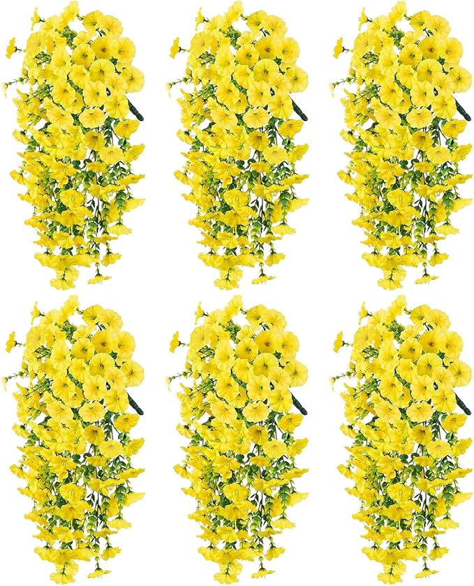 Artificial Hanging Flowers for Outdoors, 6 PCS Silk Morning Glory Artificial Flowers with Eucalyptus Leaves, UV Resistant Fake Flower Realistic Faux Plants for Home Patio Porch Garden Decor, Yellow