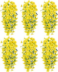 Artificial Hanging Flowers for Outdoors, 6 PCS Silk Morning Glory Artificial Flowers with Eucalyptus Leaves, UV Resistant Fake Flower Realistic Faux Plants for Home Patio Porch Garden Decor, Yellow