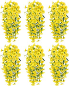 Artificial Hanging Flowers for Outdoors, 6 PCS Silk Morning Glory Artificial Flowers with Eucalyptus Leaves, UV Resistant Fake Flower Realistic Faux Plants for Home Patio Porch Garden Decor, Yellow