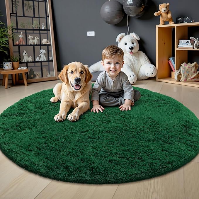 OLANLY Dark Green Round Rugs for Bedroom - Machine Washable, 8 ft Circle Area Rugs for Living Room, Soft and Fluffy Shaggy Carpet for Teen Girls and Boys, Nursery Rooms, Dorms, Home Decor Aesthetic