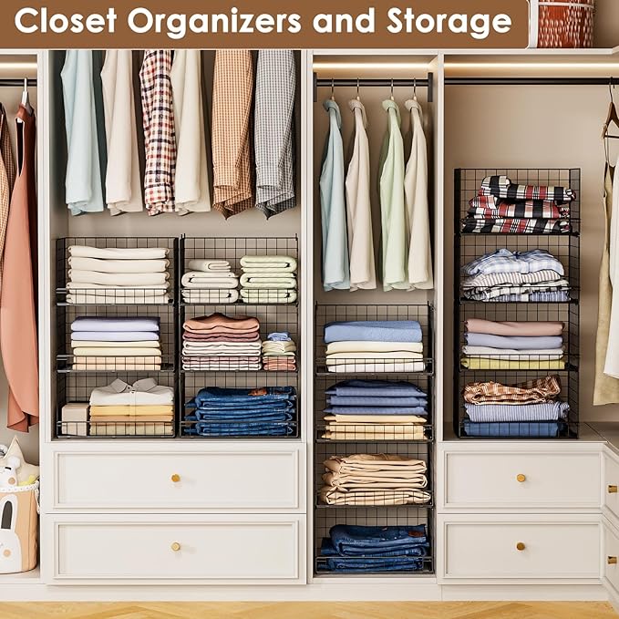 4-Tier Stackable Closet Organizers and Storage Shelves, Clothes Shelf Organizer Basket Bins, Foldable Sweater Storage for Closet Organizer System, Black (Patent Pending)