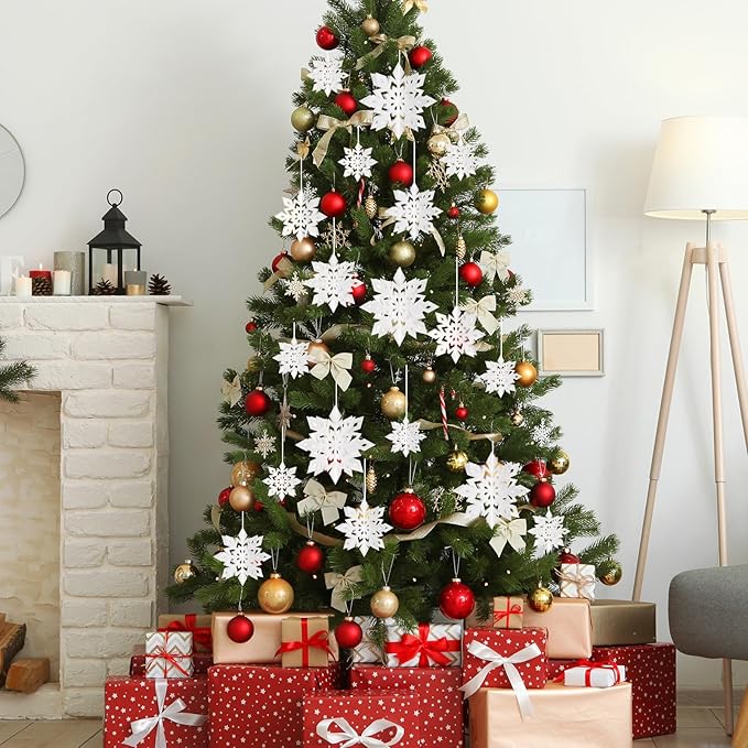 12Pcs White Snowflake Ornaments for Christmas Tree - 3D Paper Hanging Snowflakes Garland, Large Christmas Snowflake Decorations with 3 Size for Xmas Winter Wonderland Indoor Home New Year Party Decor