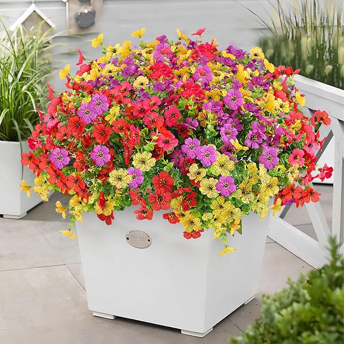 12 Bundles Artificial Flowers,Faux Plants for Spring Summer Decoration, UV Resistant Colorful Violets Eucalyptus for Outside Home Planter Porch Patio Yard Decor