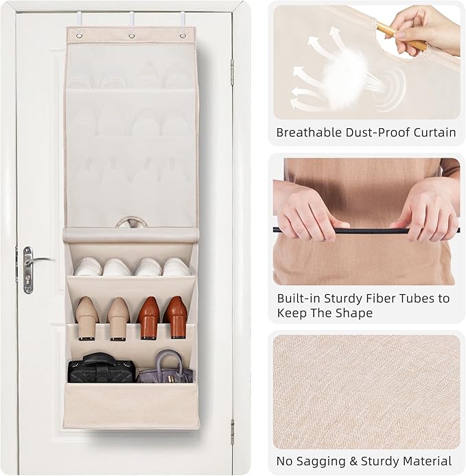 STORAGE MANIAC Over the Door Shoe Organizer with Curtain Dustproof Heavy-Duty Large Deep Pocket Hanging Shoe Organizer for Closet Dorm & Narrow Door Storage Shoe Holder Shoe Rack, 7-Shelf Beige 1 Pack