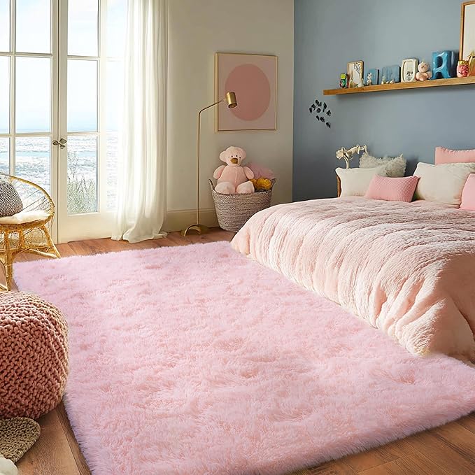 Pink Rug for Girls Bedroom, 5x7 Area Rug for Cute Girls Room, Bedside Indoor Floor Fluffy Shag Carpet, Plush Soft Rug for Living Room Nursery Dorm Home Decor