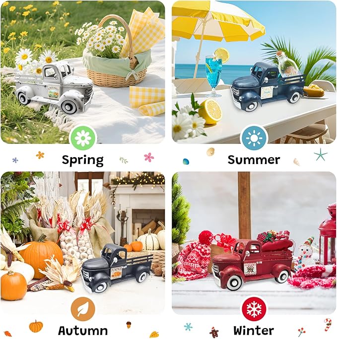 Farmhouse Lemon Decor 13.4 Inch Large Vintage Truck with 20 Magnets Interchangeable Seasonal Decor Rustic Metal Pickup Spring Summer Lemon Centerpieces for Tables Home Lemonade Party, Yellow