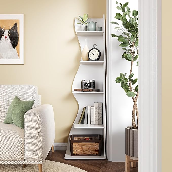 LITTLE TREE 70-Inch Corner Shelf, Seaweed Shaped Etagere Display Bookshelf, Freestanding 5-Tier Wall Shelves for Small Spaces, Living Room, Bedroom, White, 1 Pack