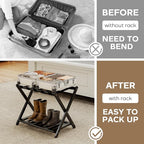 Fully Assembled Black Luggage Rack for Guest Room, Bamboo Foldable Suitcase Stand with 5 Nylon Straps, Upgraded Luggage Rack Holder with Shelf for Bedroom Hotel, Holds up to 165 Lbs, 1pcs