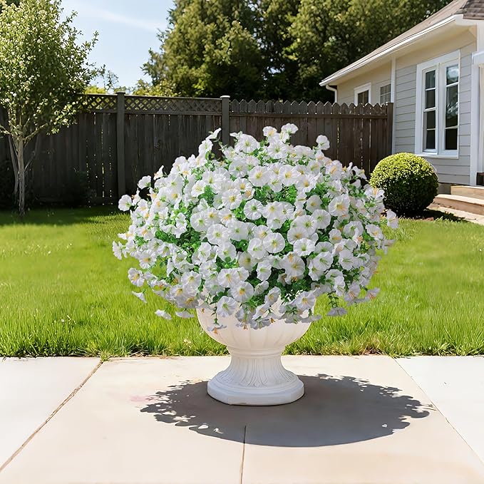 Ivydale 24 Bundles Artificial Flowers for Outdoors Spring Outside Decoration, Faux Silk Petunias White Fake Flowers Bluk Realistic UV Resistant Plants for Outdoor Planters Porch Patio Garden Yard Home