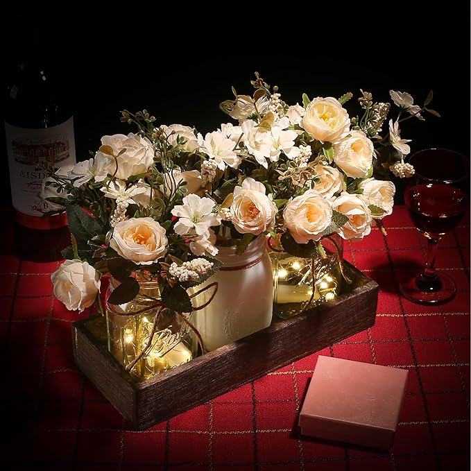 Centerpieces for Tables Coffee Table Centerpiece Decor with Wood Tray for Kitchen Decor Home Living Room Decor Rustic Farmhouse Decor,White
