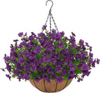 Artificial Faux Hanging Plants Flowers Basket for Outdoors Spring Summer Decoration, Hanging Planters with Fake Silk Flowers UV Resistant Realistic for Outside Porch Patio Balcony Garden Home （Purple）