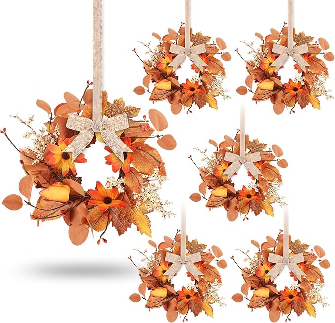 6 Pcs 3 Inch Fall Floral Wreaths Autumn Harvest Sunflowers Pumpkins Leaves Berries Hanging Candle Rings Wreath Mini Thanksgiving Table Centerpiece Wreath for Pillar Cabinets Farmhouse Decoration
