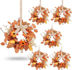 6 Pcs 3 Inch Fall Floral Wreaths Autumn Harvest Sunflowers Pumpkins Leaves Berries Hanging Candle Rings Wreath Mini Thanksgiving Table Centerpiece Wreath for Pillar Cabinets Farmhouse Decoration