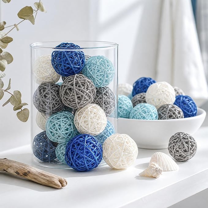DomeStar 24PCS Blue Decorative Balls for Bowl Centerpiece, 2 Inch Rattan Balls Bowl Fillers Decor - Wicker Twig Orbs Spheres, Wedding Home Vase Table Decor