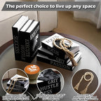 Menkxi 6 Motivational Decorative Books with Wood Bead Tassel Garland - Modern Faux Books for Office Desk, Bookshelf & Coffee Table Decor - Inspirational Aesthetic Black & White Fake Book Box Set