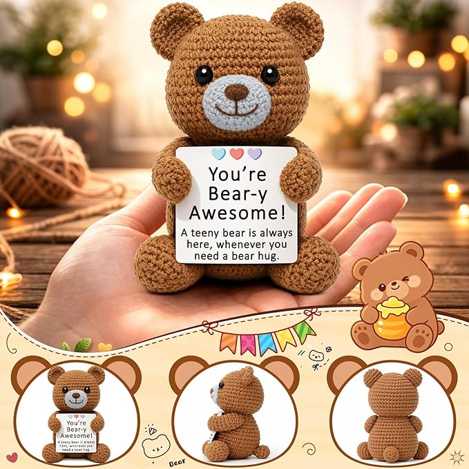 Positive Crochet Bear Gifts for Women Men, Emotional Positive Support Gift for Friend Coworker, Cute Mini Bear Desk Decor, Inspirational Thinking of You, Small Comfort Gift for Stress Relief