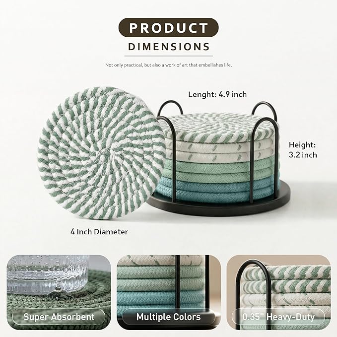 Lazebox Coasters Set of 8 for Drinks, 4 Inch Large Coasters for Coffee Table, Tabletop Protection for Hot & Cold Drinks, Versatile Coasters for Home Decor, Non-Slip & Easy to Clean, Mint Green