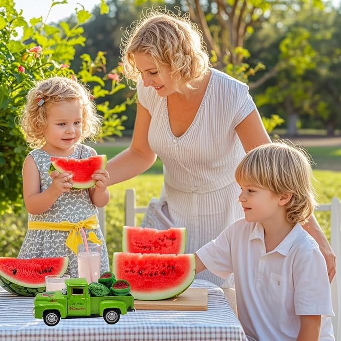 Watermelon Decor Mini Vintage Green Metal Pickup Truck with 6 Realistic Resin Mini Watermelons, Rustic Farmhouse Tiered Tray Decor for Kitchen Table, Happy Summer Party Home Decoration