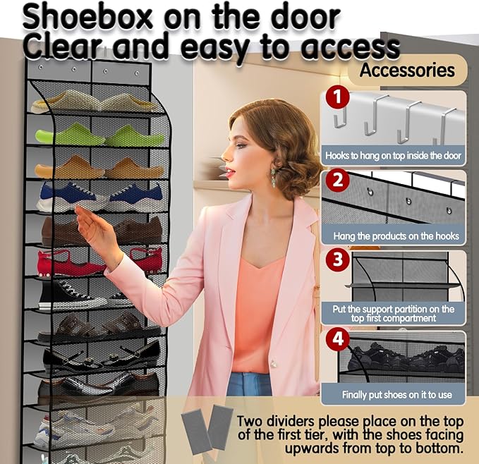 Over The Door Shoe Organizer with 12 Large Breathable Pockets - Durable Hanging Storage for the Entire Family's Shoes (Gray)