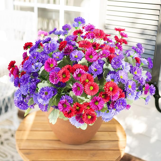 HyeFlora Artificial Flowers for Outdoors Spring Summer Decor, 6 Bundles Fake Daisy Silk Flowers for Outside Realistic UV Resistant Outdoor Faux Plants for Planters Porch Patio Garden Yard Home, Mixed