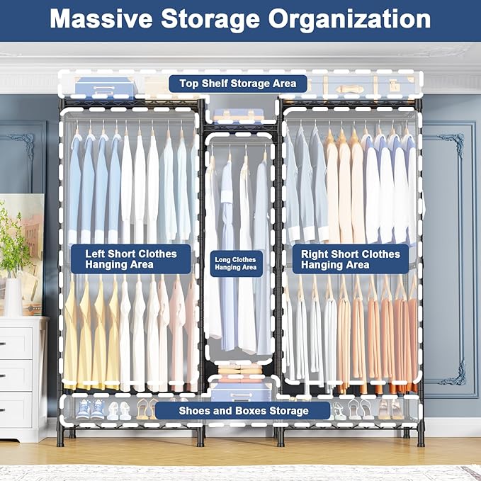 Ulif E12 Clothes Rack，Heavy Duty Freestanding Garment Rack with Shelves，Metal Clothing Closet Storage System for Hanging Clothes，57.1" W x 16" D x 76.5" H, Hold 860 lbs，Black
