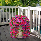 Artificial Flowers with Hanging Basket, Outdoor Faux Plants Silk Morning Glory Vines, Fake Green Arrangement for Garden Patio Spring Summer Decor(Hot Pink Purple)