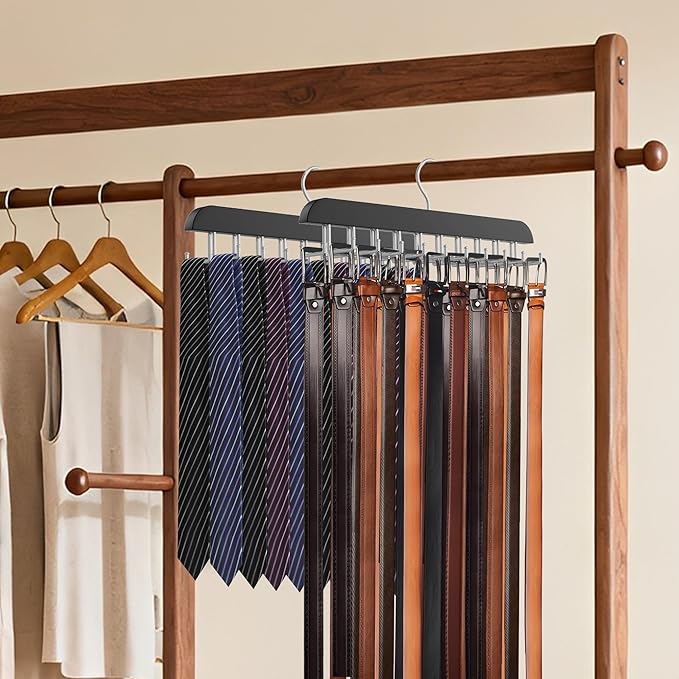 Tie Rack Hanger for Closet, 2 in 1 Belt Tie Hangers with 20 Folding Hooks, 360 Degree Rotating Wooden Tie Holder Organizer for Men Ties Belts Scarves Tank Tops Accessories, Black (2 Pack)