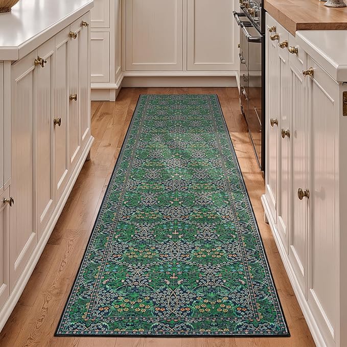 Lessymo Washable Hallway Runner Rug 2x10, Non Slip 8ft Long Floor Runner for Kitchen, Entryway Indoor, Stain Resistant Soft Boho Vintage Floral Botanical Carpet, Forest Green