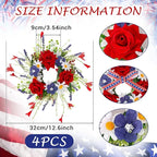 4 PCS Mini Patriotic American Cabinet Wreaths Small Red White and Blue Floral Wreath for Front Door with Ribbon Roses Daisy Forsythia July Independence Day Hanging Wreath for Porch Wall Window Decor