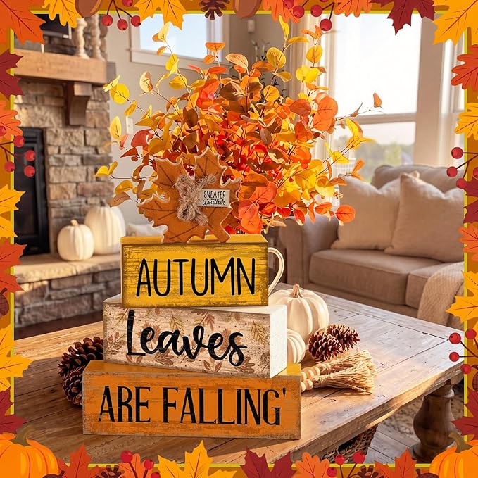 Lineshading 4 Pcs Fall Decoration for Home Wooden Maple Leaf Thanksgiving Table Centerpiece Rustic Thanksgiving Tiered Tray Decor Decorative Autumn Leaves Block Sign Farmhouse Autumn Decor for Kitchen