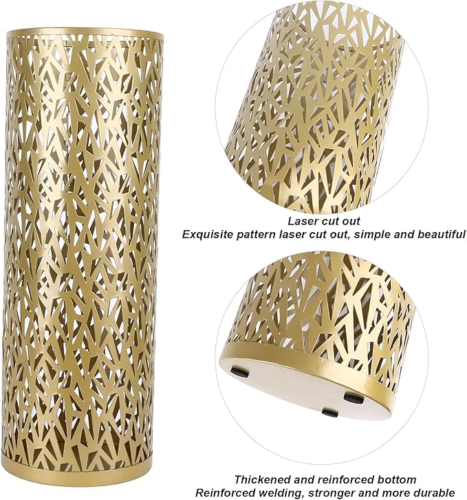 BEIJIALY Metal Umbrella Holder, Umbrella Stand Rack for Entryway, Metal Hollowed Freestanding Round Umbrella Holder Organizer Bin for Home Hotel Office Decor(Gold Medium)