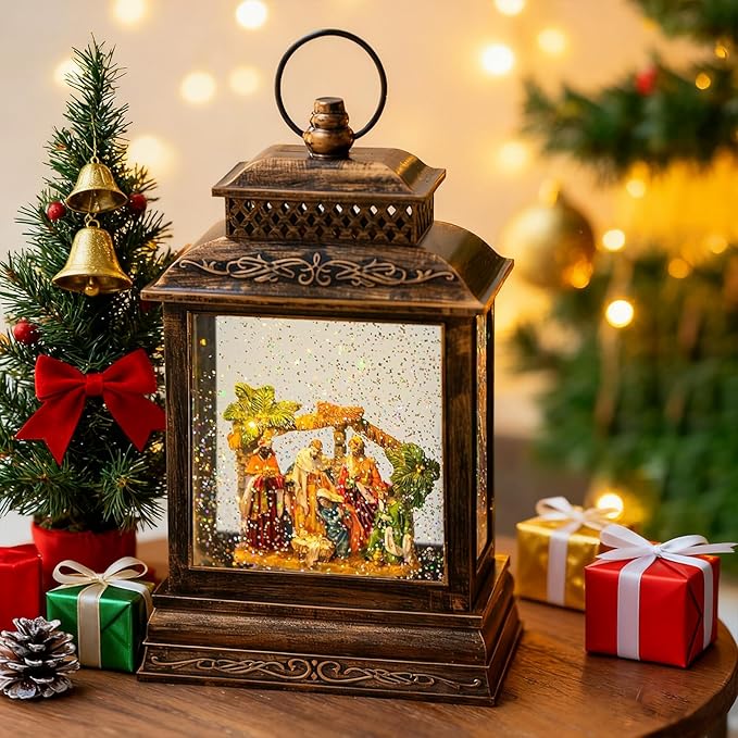 Christmas Snow Globe Lantern Water Nativity Scene & Manger Scene with Music & Timer, USB Lined/Battery Operated Lighted Lantern for Christmas Festival Decoration Gifts