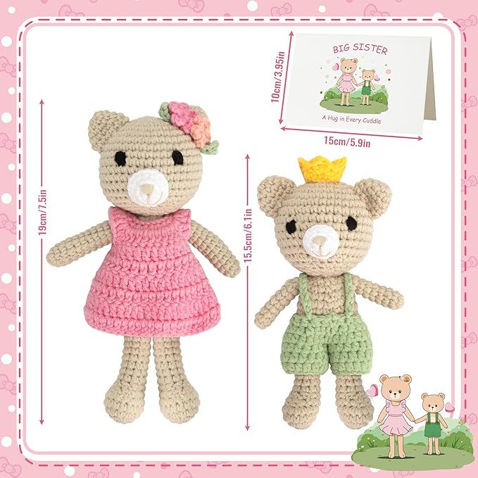 Big Sister Crochet Gift – Big Sister Little Brother Bear Dolls, Handmade Matching Stuffed Animals for Sibling Celebration, Older Sister Gift