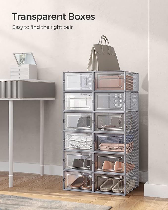 SONGMICS Shoe Boxes, Pack of 12 Shoe Storage Organizers, Stackable Clear Plastic Boxes for Closet, Sneakers, 13.1 x 9.1 x 5.6 Inches, Transparent and Gray ULSP006G12