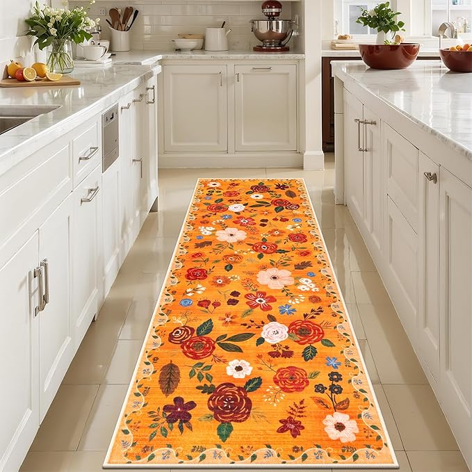 U'Artlines 2'x6' Fall Boho Runner Rug for Hallways Kitchen Colorful Floral Soft Non Slip Washable Floor Carpet Runners for Entryway Laundry Room Bathroom Orange