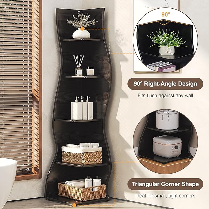 VECELO 2 Pcs Wavy Corner Shelf, Decorative 6-Tier Corner Display Bookshelf, Tall Storage Organizer for Small Spaces, Living Room or Bedroom, Black