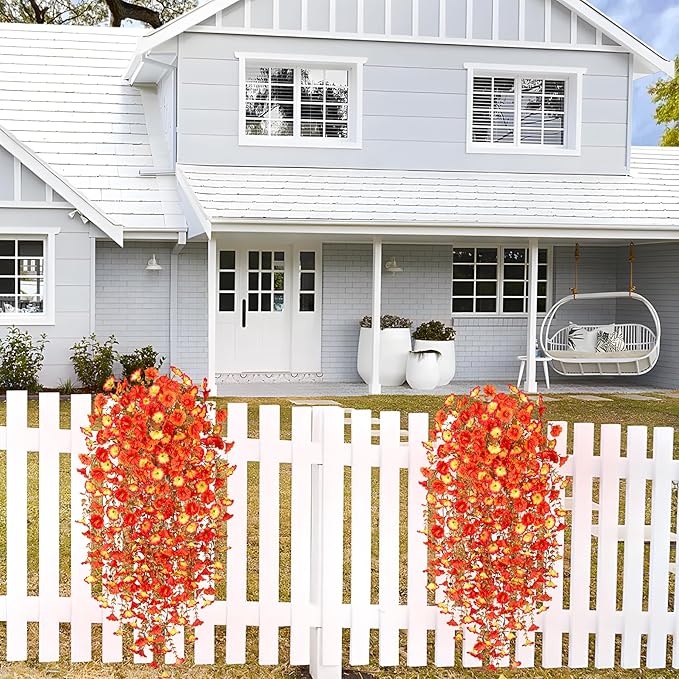Artificial Fall Hanging Flowers for Decoration, 2pcs Long Vine Fake Flowers Plants Morning Glory, Realistic Faux Petunias for Planter Patio Porch Garden Autumn Outdoors Dec, Orange Sunset